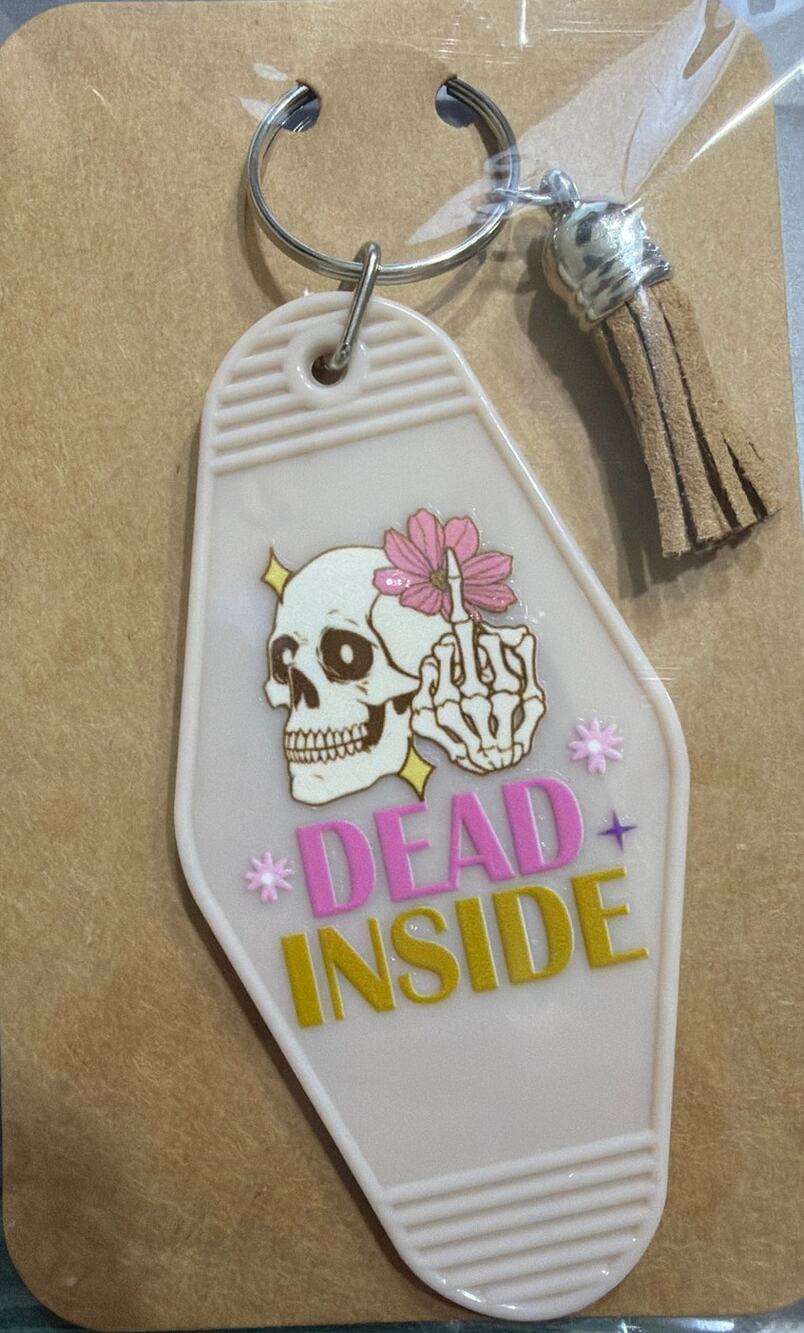 Dead Inside Skull Cream Gray Brown Tassel Vintage Hotel Motel Keychain Handmade